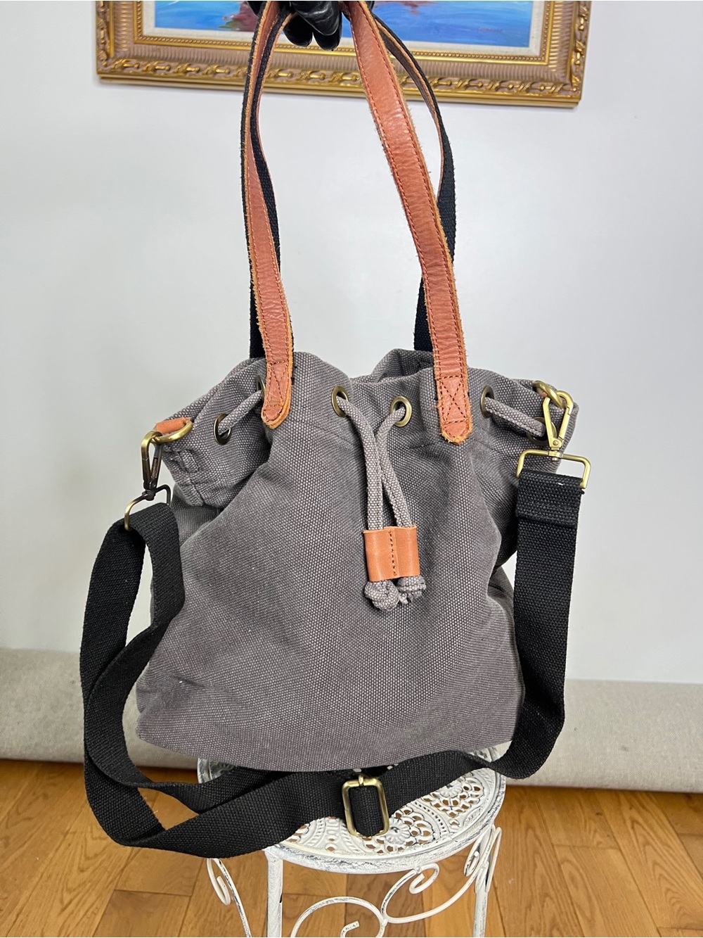Street Level Gray Canvas Drawstring Shoulder Bag with Tan Leather Trim